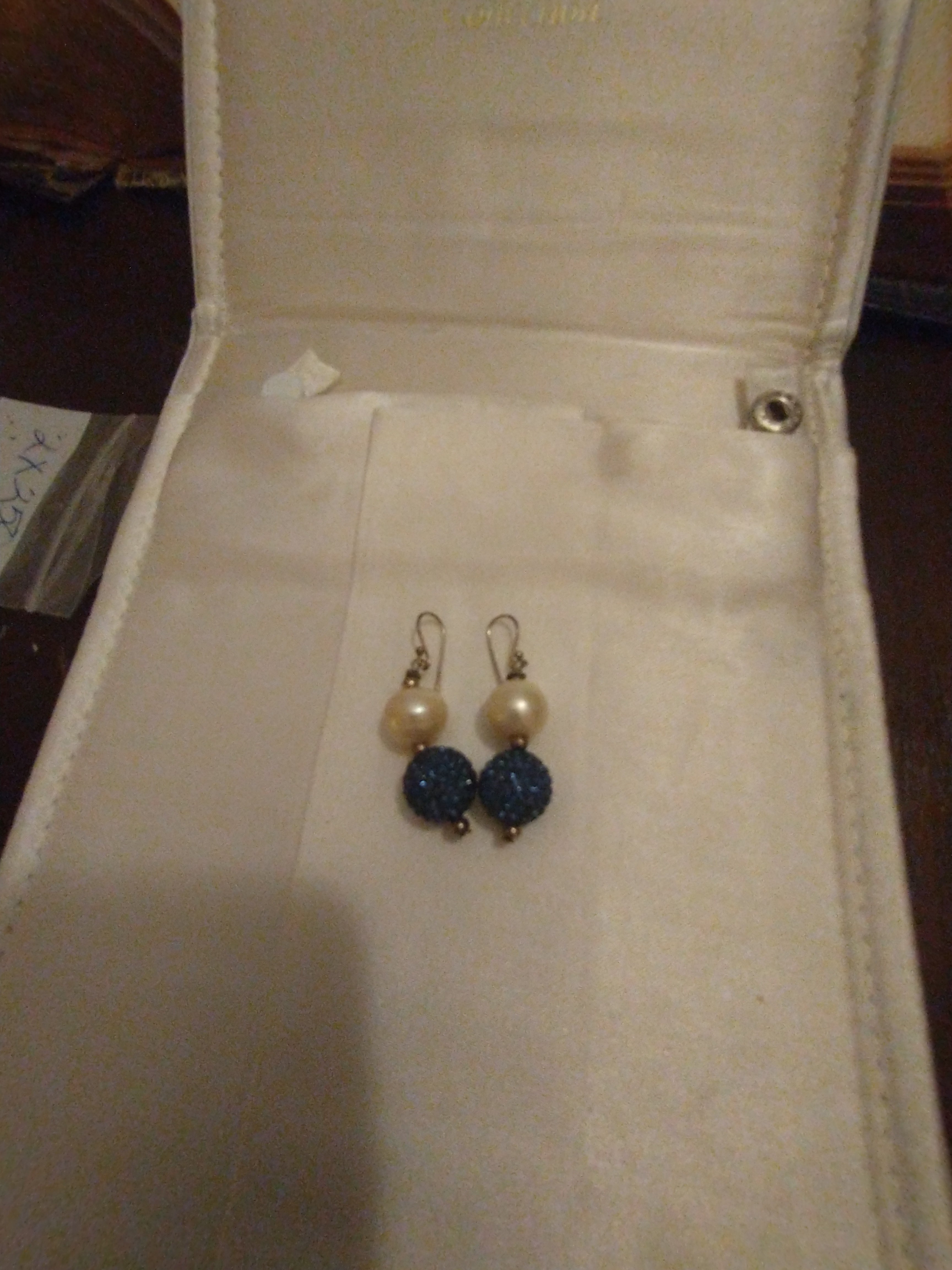 10mm Perfectly Round Freshwater Pearl with Sapphire Blue 10mm Swarovski pave bead earrings on a Sterling Silver wire. Pre-owned. SOLD AS IS ~ NO REFUNDS OR EXCHANGES