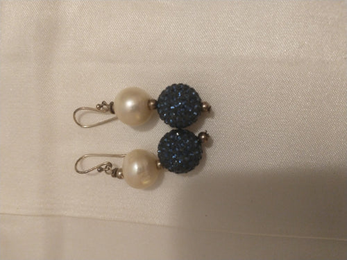 10mm Perfectly Round Freshwater Pearl with Sapphire Blue 10mm Swarovski pave bead earrings on a Sterling Silver wire. Pre-owned. SOLD AS IS ~ NO REFUNDS OR EXCHANGES